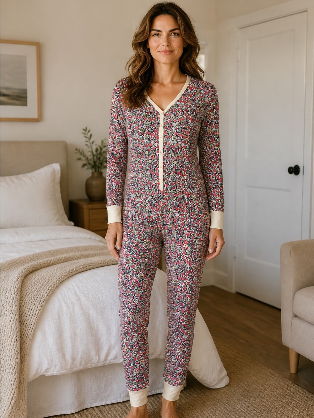 Joules Floral One Piece Thermal Pajamas Jumpsuit Onesie Cream Ditsy Medium